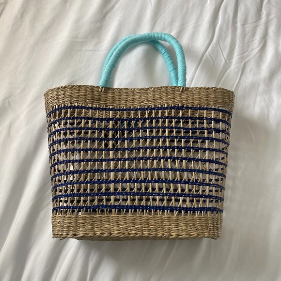 NWT Haute Hippie Rattan Woven Tote Bag Straw Purse in Natural Tan Navy Turquoise - Picture 2 of 4